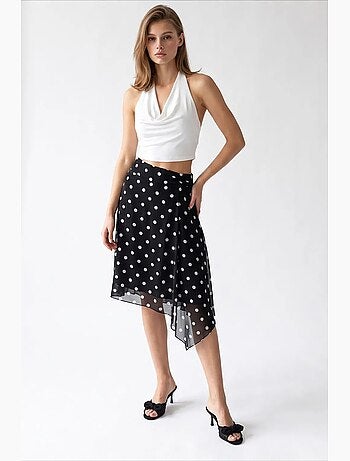 Saia midi de tule às bolinhas de cintura subida mixray