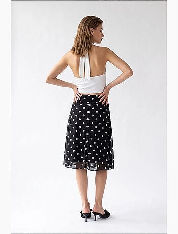 Saia midi de tule às bolinhas de cintura subida mixray