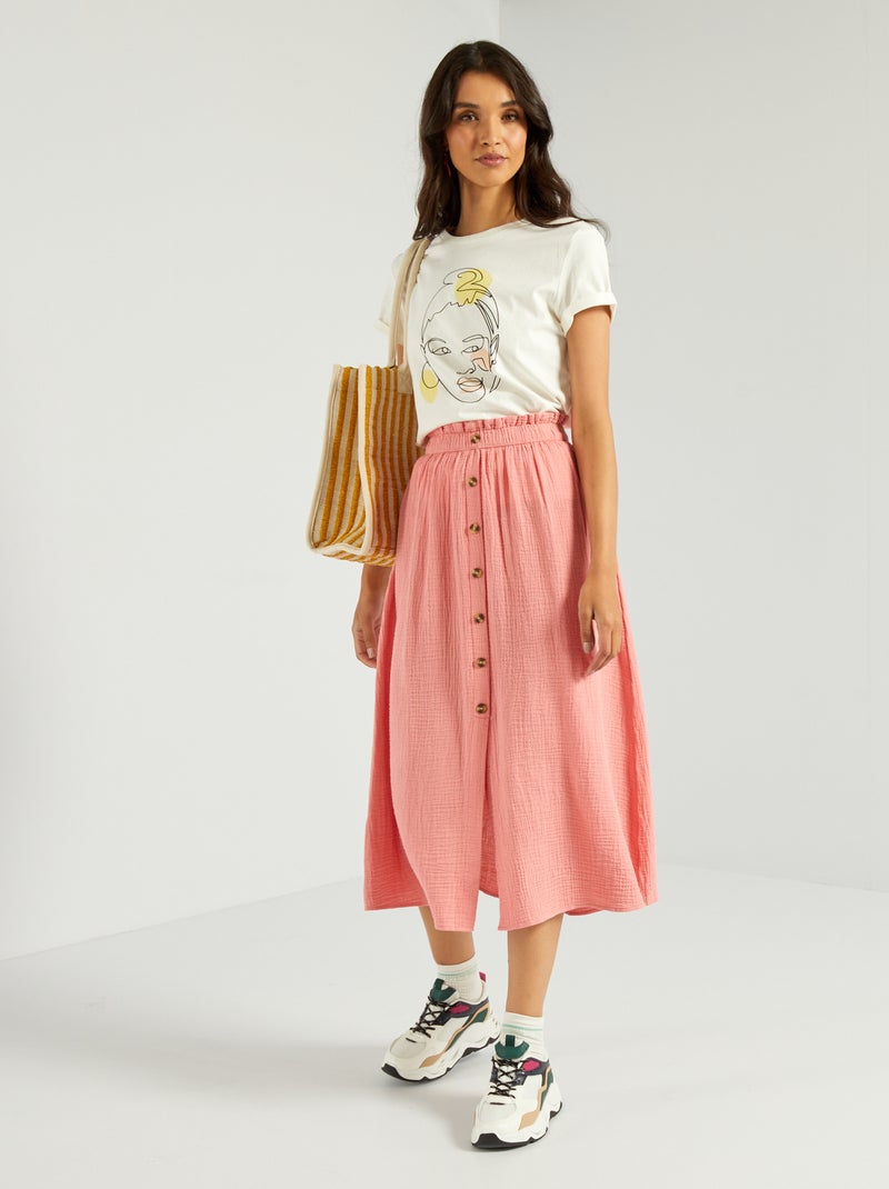 Saia midi em gaze de algodão ROSA - Kiabi