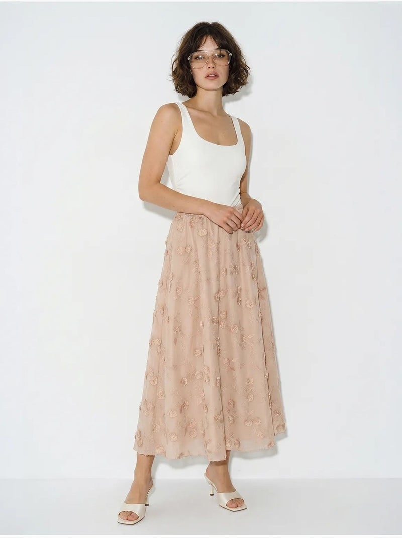 Saia midi evasê de cintura alta bordada lucci Rosa velho - Kiabi