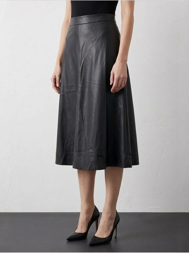 Saia midi evasê em pele sintética de cintura alta my fashion Preto Laranja-claro Preto - Kiabi