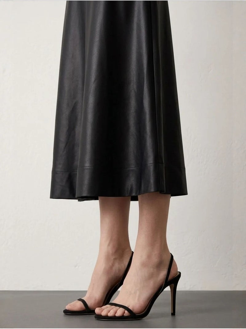 Saia midi evasê em pele sintética de cintura alta my fashion Preto Laranja-claro Preto - Kiabi
