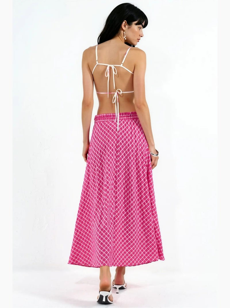 Saia midi evasê xadrez de cintura alta busem Rosa - Kiabi