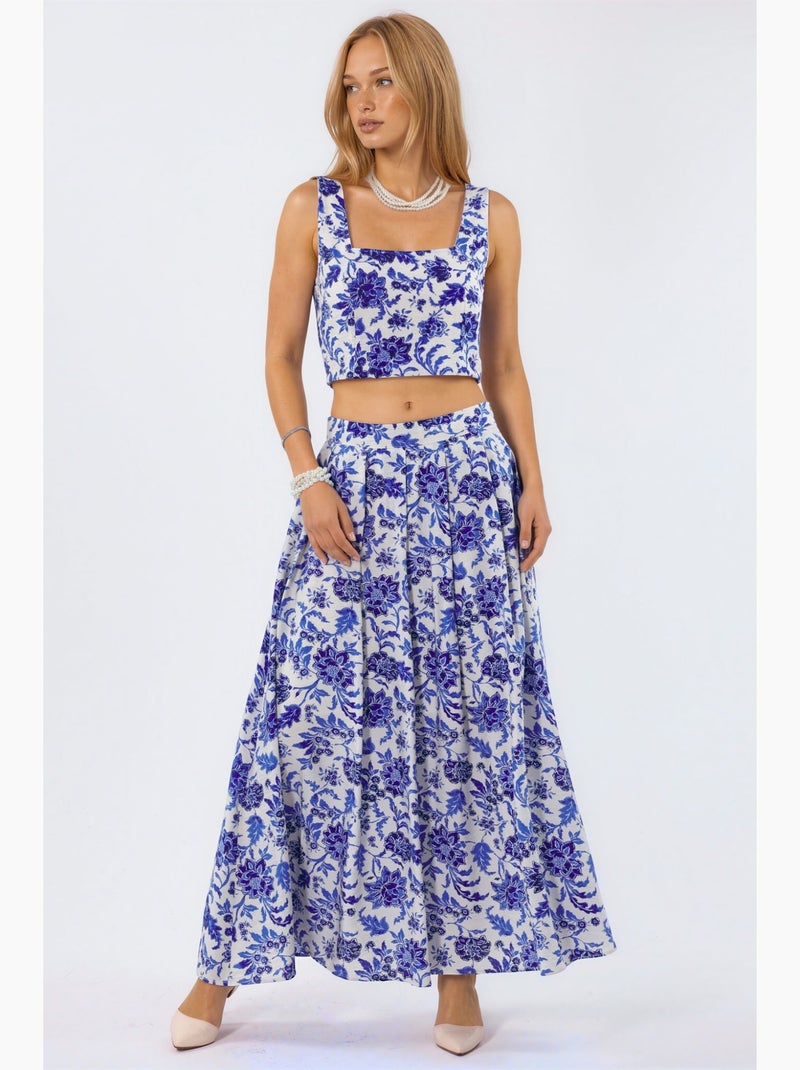 Saia midi floral de cintura subida em linha a com pregas busem Multicolorido - Kiabi