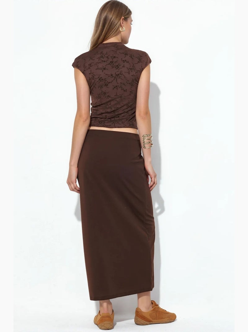 Saia midi reta em crepe busem Castanho - Kiabi