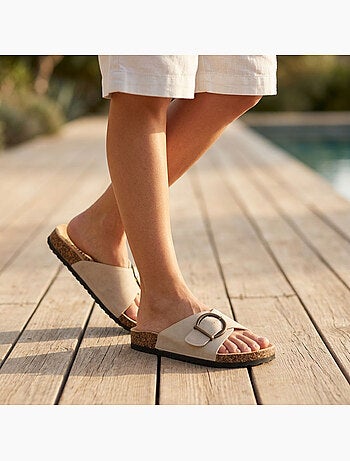 Sandalias Mula Fivela Redonda Nubuck Preto Bege OZABI