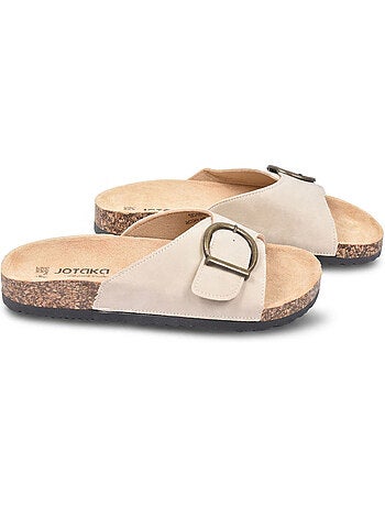 Sandalias Mula Fivela Redonda Nubuck Preto Bege OZABI