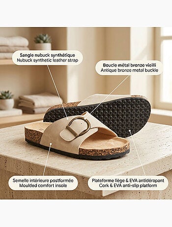 Sandalias Mula Fivela Redonda Nubuck Preto Bege OZABI