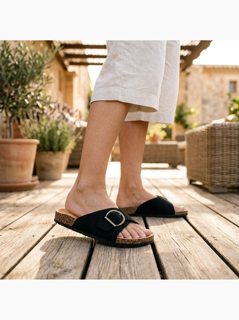 Sandalias Mula Fivela Redonda Nubuck Preto Bege OZABI Preto - Kiabi