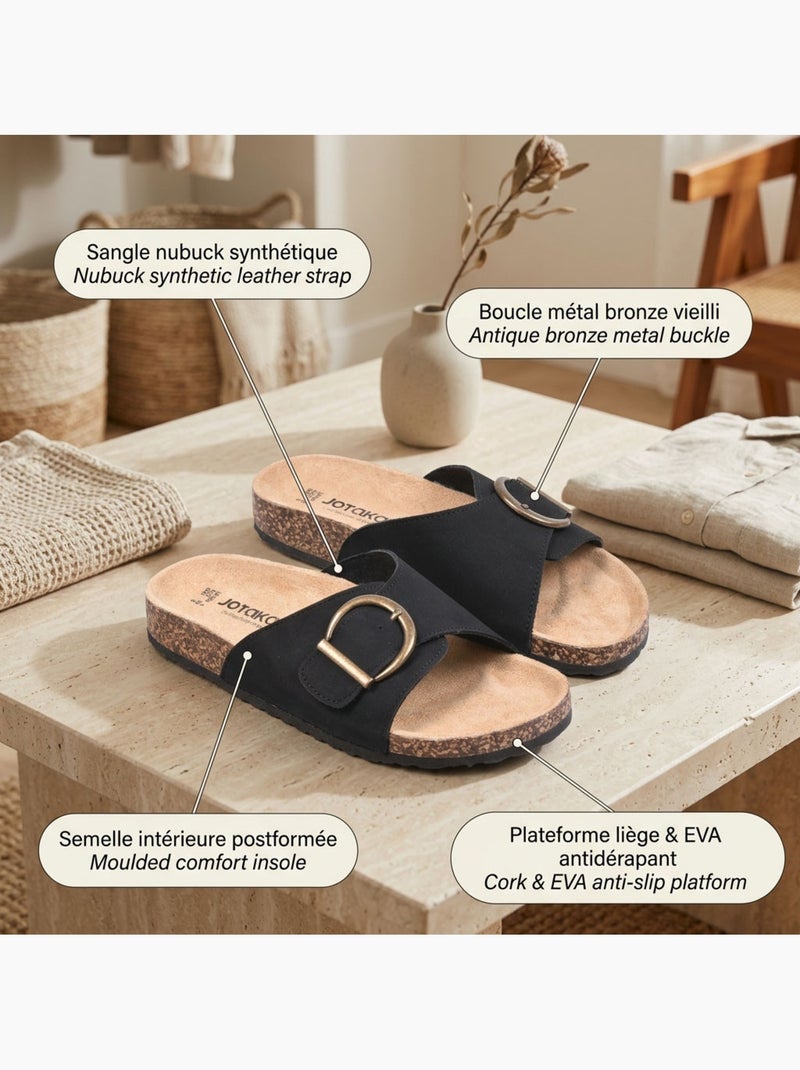Sandalias Mula Fivela Redonda Nubuck Preto Bege OZABI Preto - Kiabi