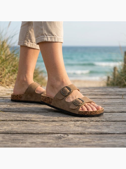Sandalias Mule Nubuck OZABI 2 Fivelas Preto Bege Camelo - Kiabi Sandalias Mule Nubuck OZABI 2 Fivelas Preto Bege Camelo - Kiabi