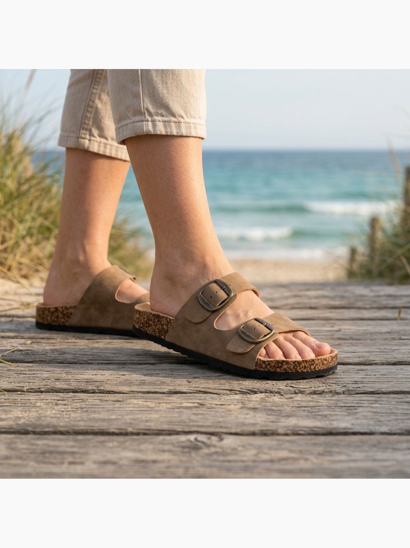 Sandalias Mule Nubuck OZABI 2 Fivelas Preto Bege Camelo Camelo - Kiabi