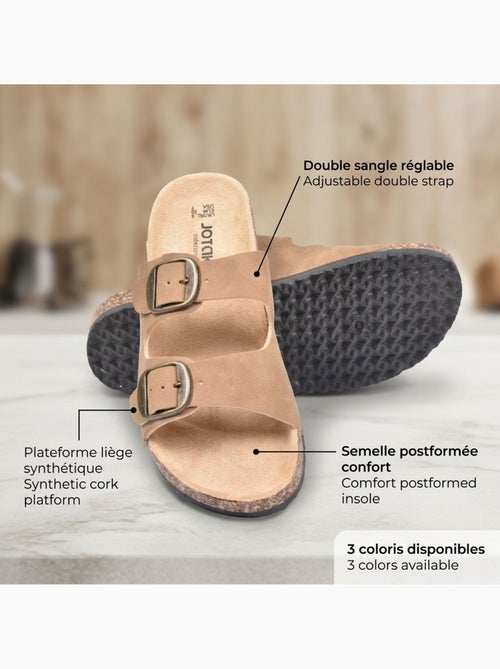 Sandalias Mule Nubuck OZABI 2 Fivelas Preto Bege Camelo - Kiabi Sandalias Mule Nubuck OZABI 2 Fivelas Preto Bege Camelo - Kiabi