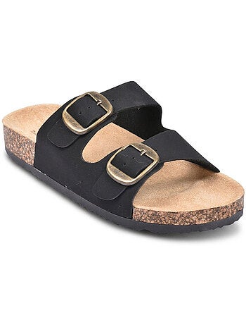 Sandalias Mule Nubuck OZABI 2 Fivelas Preto Bege Camelo