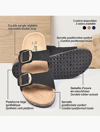 Sandalias Mule Nubuck OZABI 2 Fivelas Preto Bege Camelo