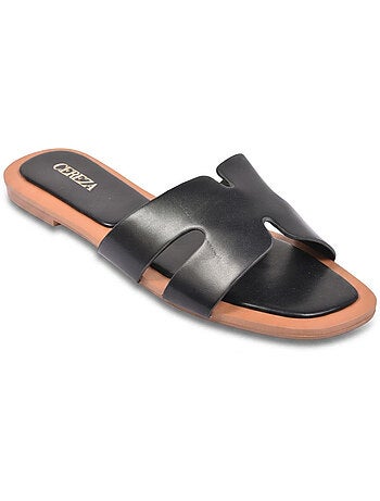 Sandalias Slide H-Strap Cabedal Sintético Dourado Preto OZABI