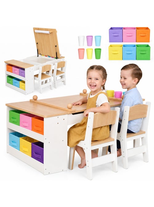 Secretária infantil madeira 2 cadeiras tampo elevavel 110x60cm papel mamabrum - Kiabi