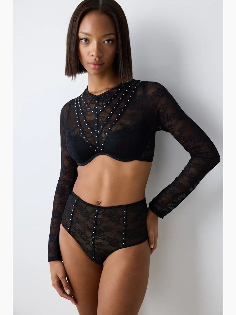 Shinny lace croplet em renda de manga comprida penti Preto - Kiabi