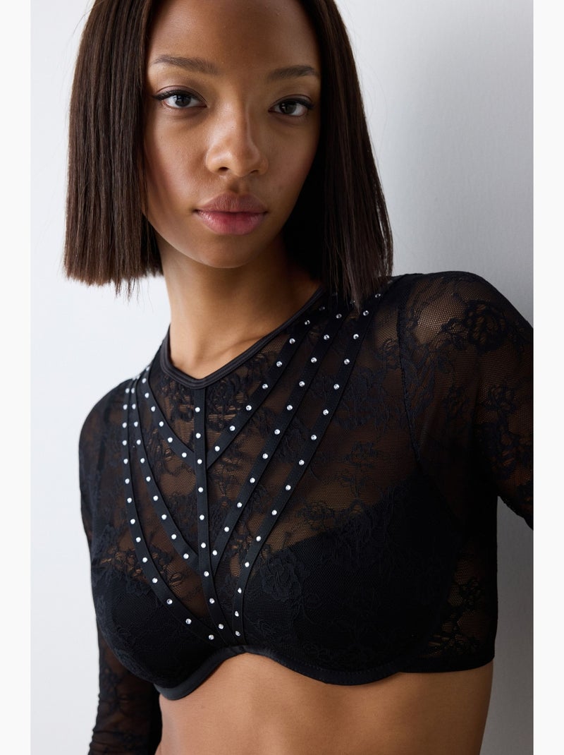 Shinny lace croplet em renda de manga comprida penti Preto - Kiabi