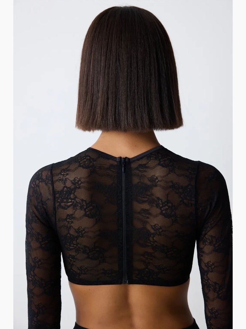Shinny lace croplet em renda de manga comprida penti Preto - Kiabi
