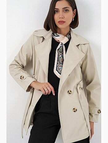 Short belted polyester trench coat with shirt collar bdart