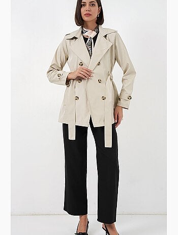 Short belted polyester trench coat with shirt collar bdart