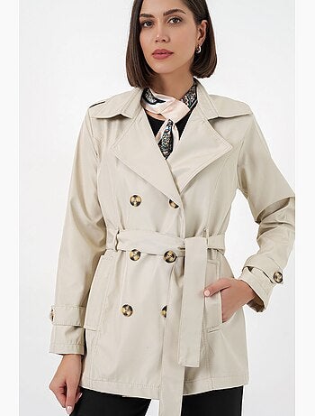 Short belted polyester trench coat with shirt collar bdart
