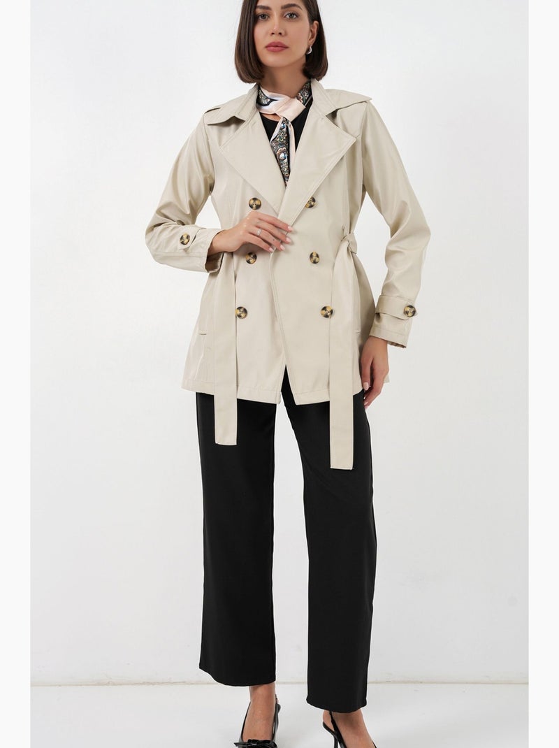 Short belted polyester trench coat with shirt collar bdart Bege-argila - Kiabi