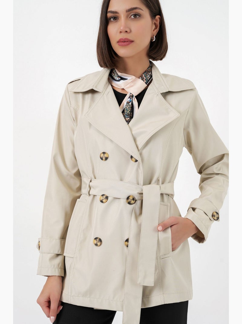 Short belted polyester trench coat with shirt collar bdart Bege-argila - Kiabi