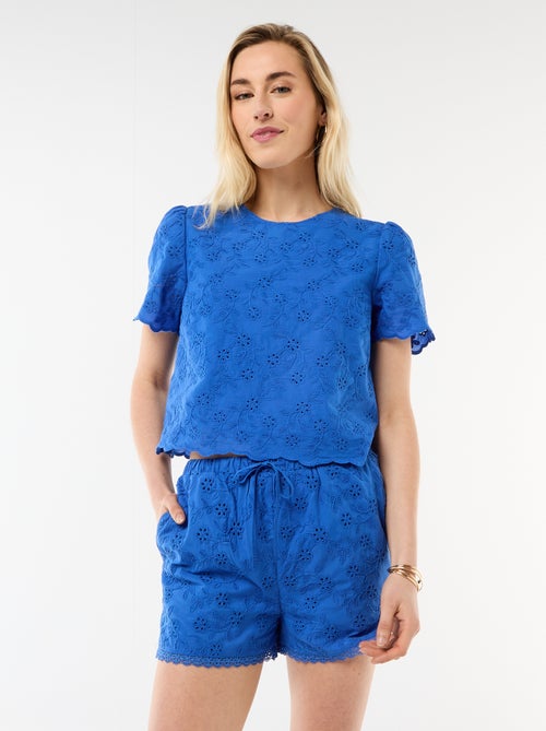 Short curto bordado inglês em algodão liso - Kiabi