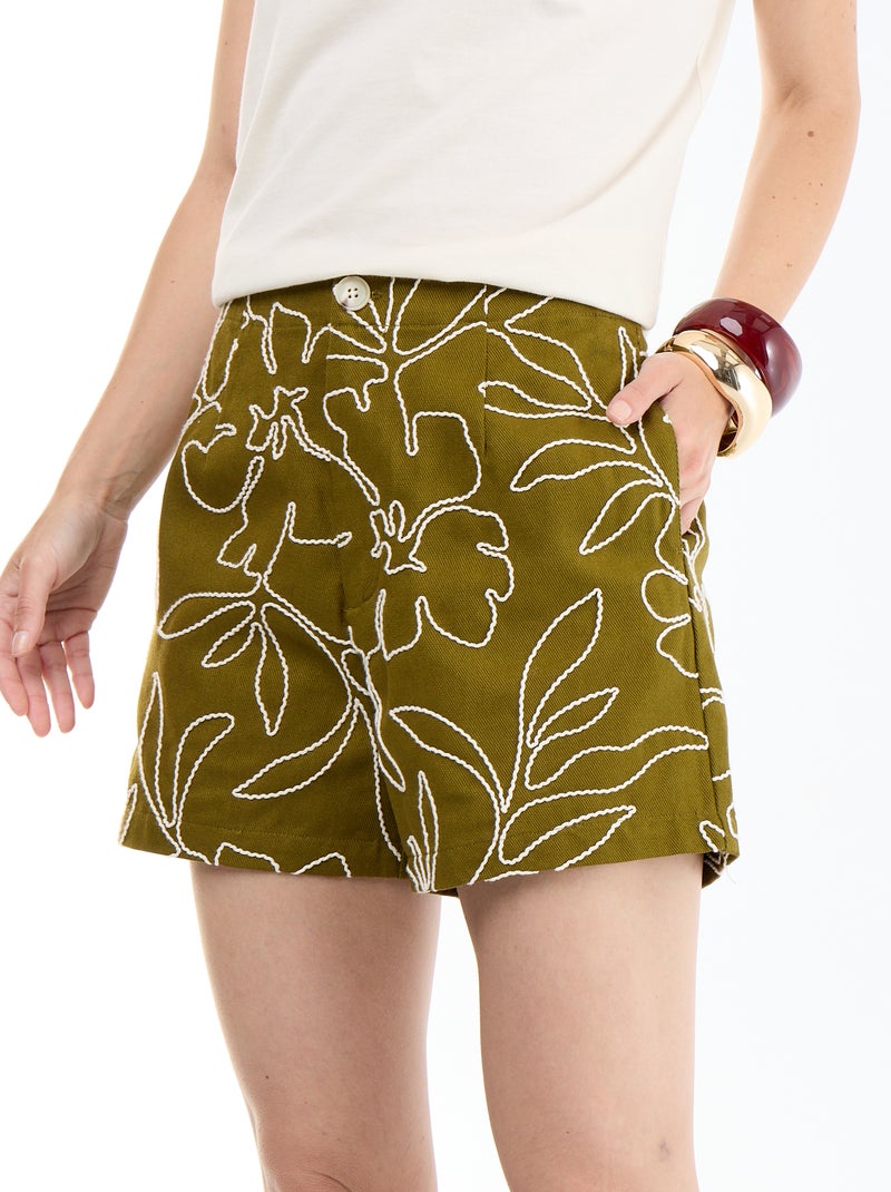 Short de cintura padrão com bordados Verde - Kiabi