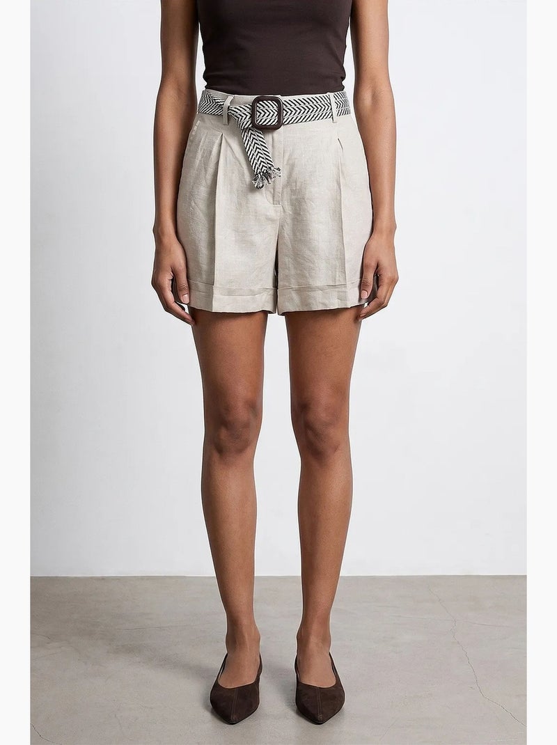 Shorts de alfaiataria em linho femininos de cintura alta dilvin Areia - Kiabi