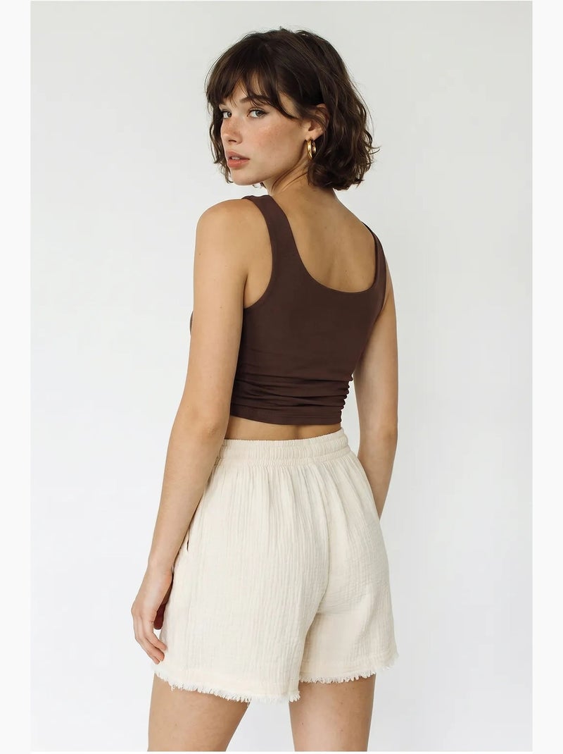 Shorts de algodão de cintura alta e perna larga lucci Bege natural - Kiabi