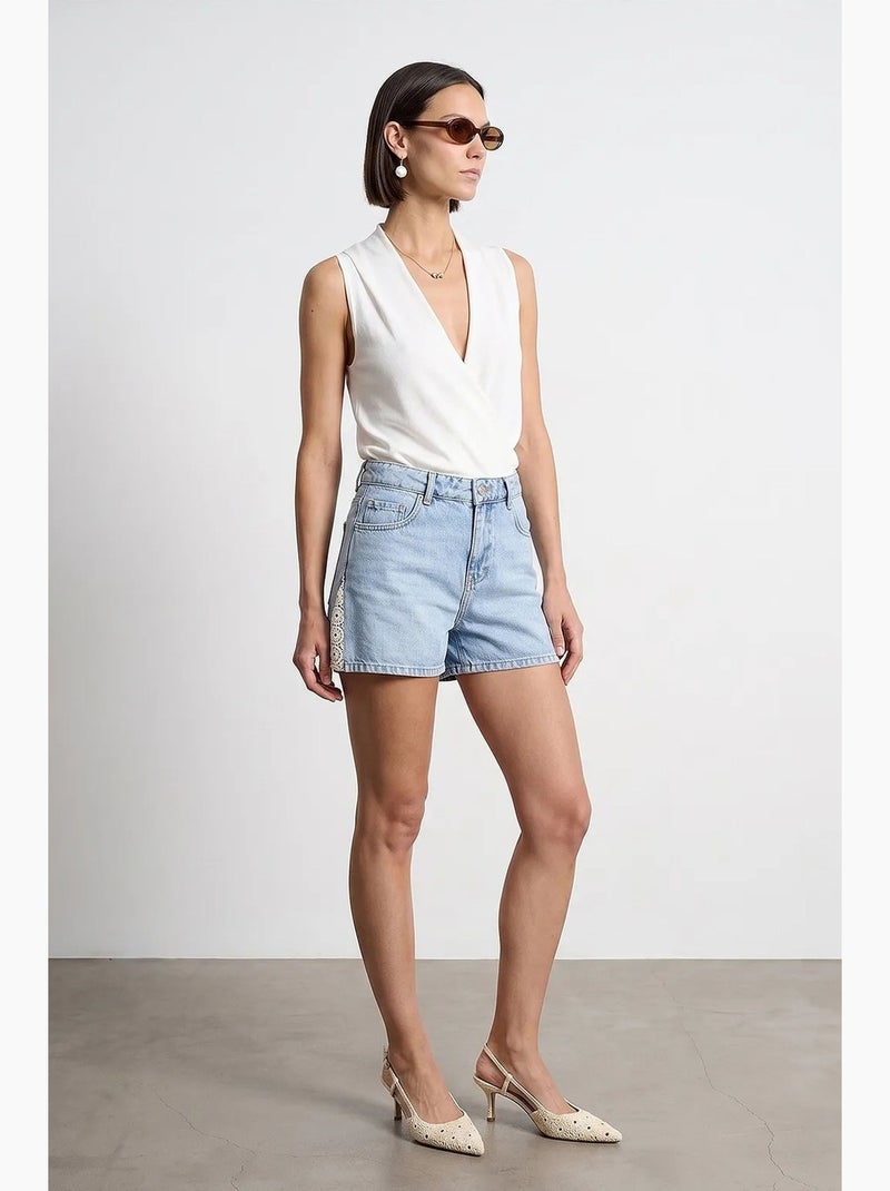 Shorts de denim de linho de cintura alta dilvin Azul claro - Kiabi
