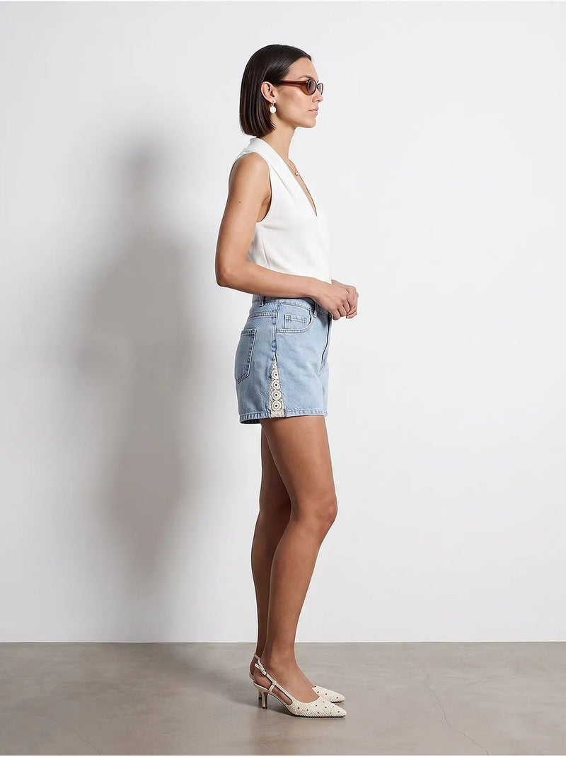Shorts de denim de linho de cintura alta dilvin Azul claro - Kiabi