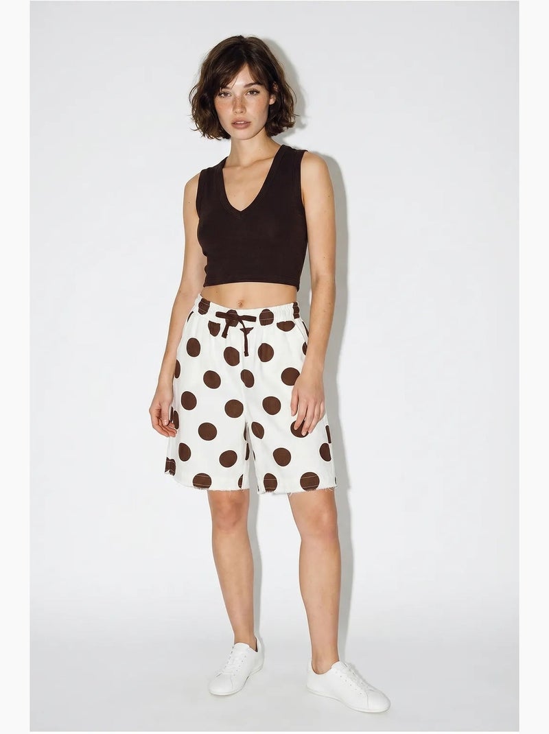 Shorts de gabardine de algodão de cintura alta e perna larga lucci Branco Castanho - Kiabi