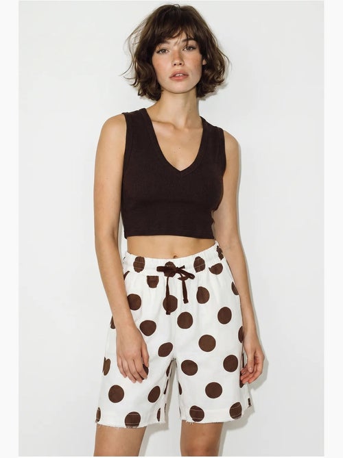 Shorts de gabardine de algodão de cintura alta e perna larga lucci - Kiabi