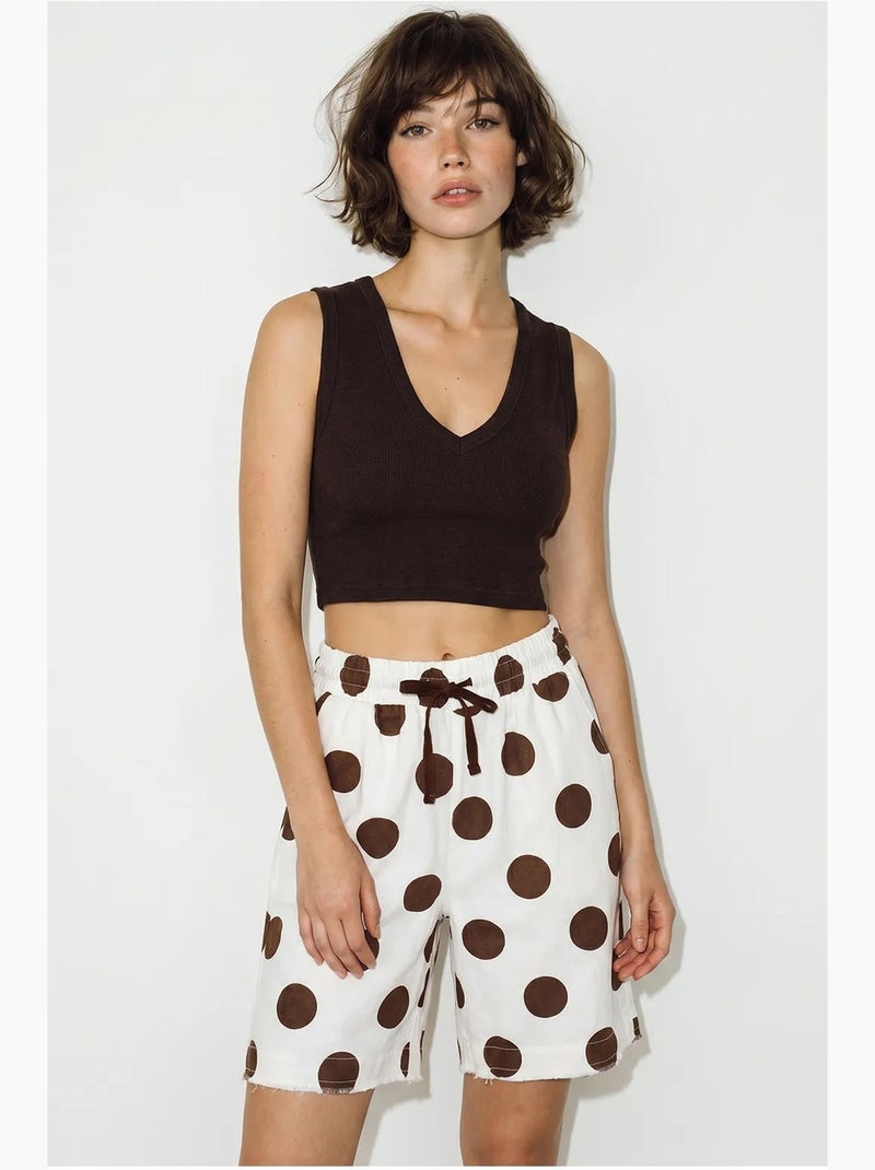 Shorts de gabardine de algodão de cintura alta e perna larga lucci Branco Castanho - Kiabi