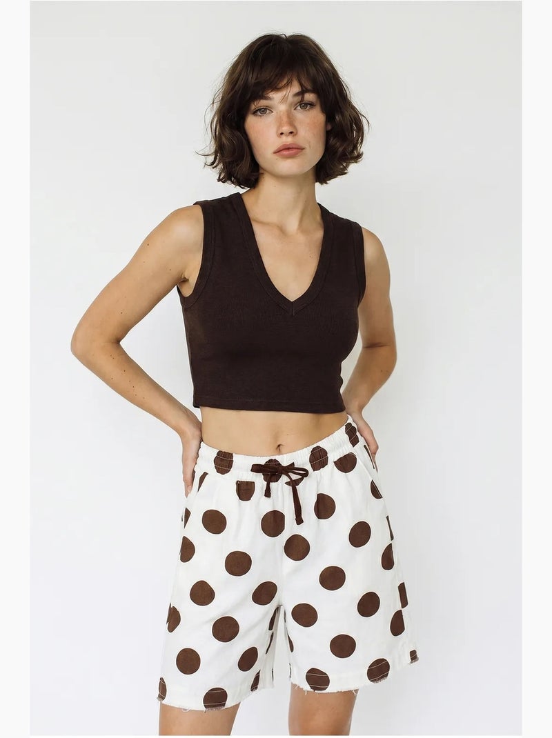 Shorts de gabardine de algodão de cintura alta e perna larga lucci Branco Castanho - Kiabi