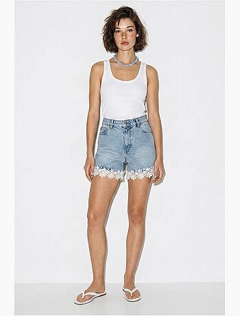 Shorts de ganga de algodão de cintura alta com detalhe em renda lucci