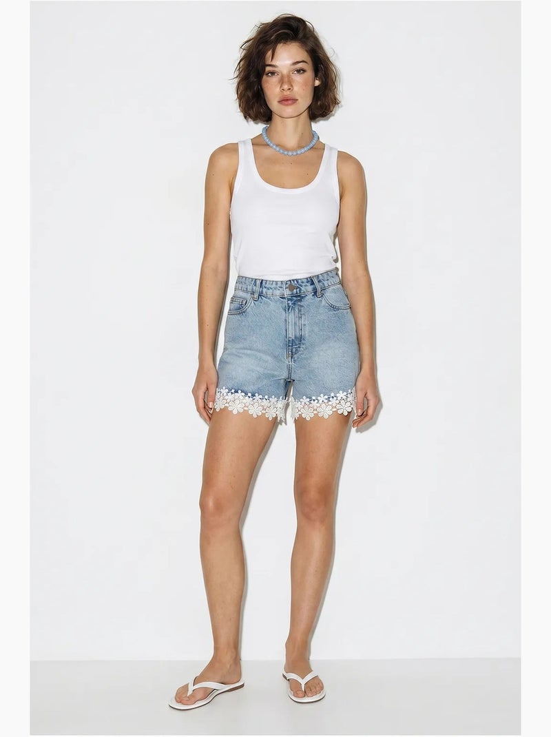 Shorts de ganga de algodão de cintura alta com detalhe em renda lucci Azul-safira - Kiabi