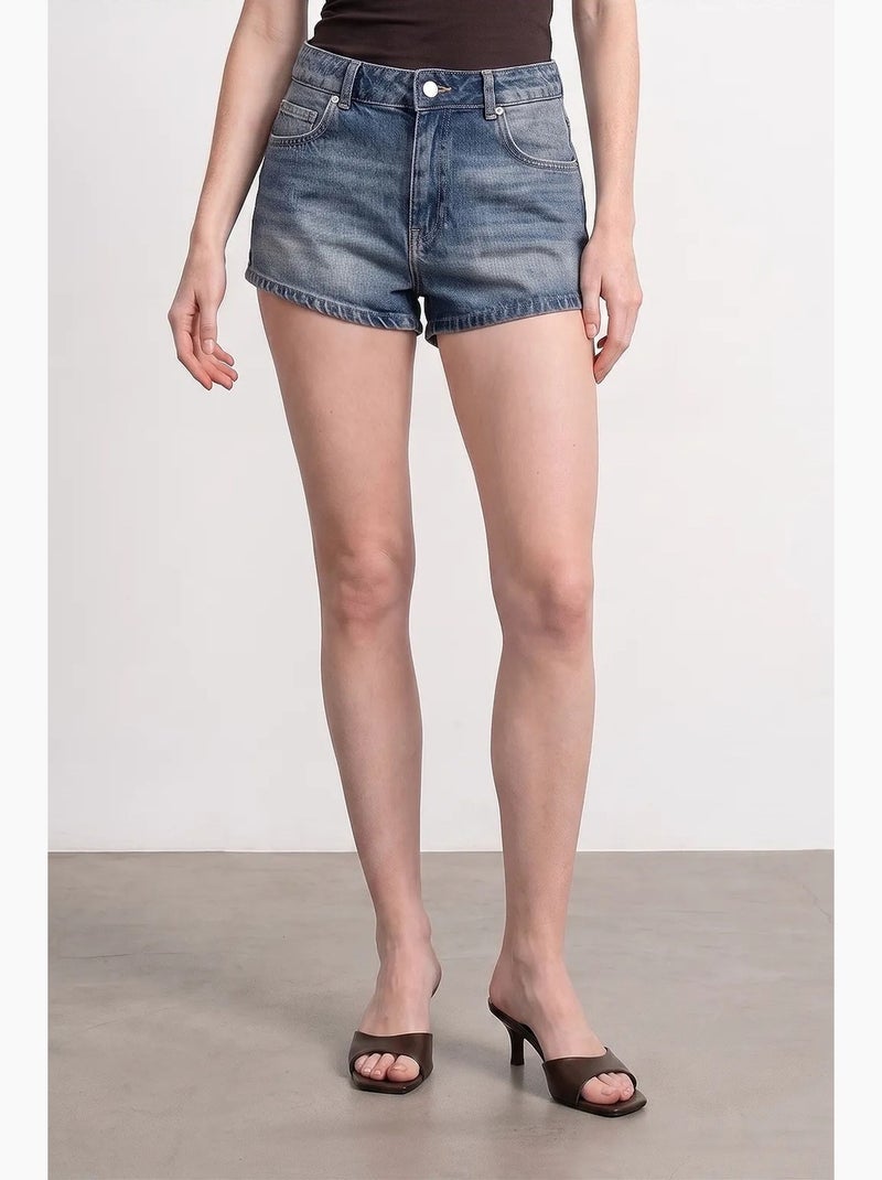 Shorts de ganga de algodão de cintura alta dilvin Azul-safira - Kiabi