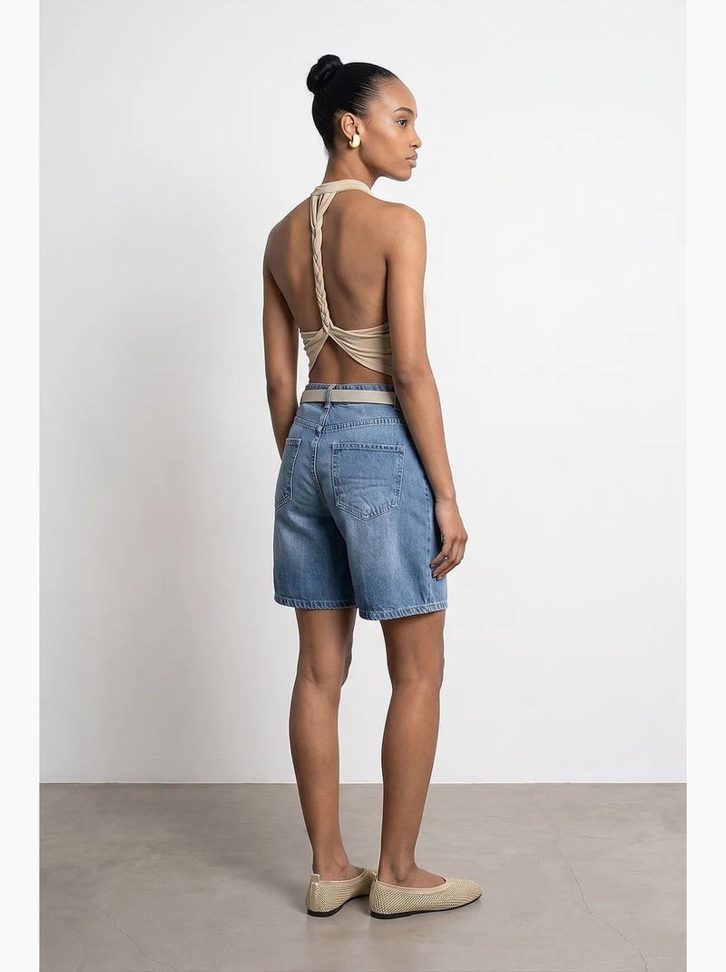 Shorts de ganga de cintura alta e perna larga e larga com cinto dilvin Azul-safira - Kiabi