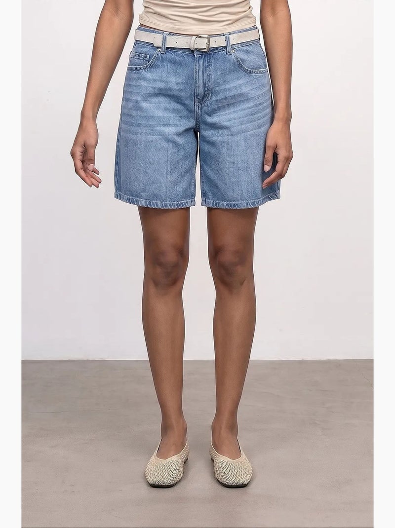 Shorts de ganga de cintura alta e perna larga e larga com cinto dilvin Azul-safira - Kiabi