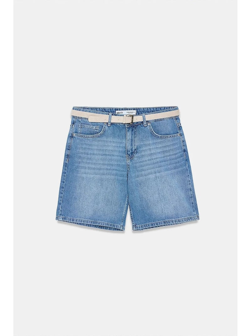 Shorts de ganga de cintura alta e perna larga e larga com cinto dilvin Azul-safira - Kiabi