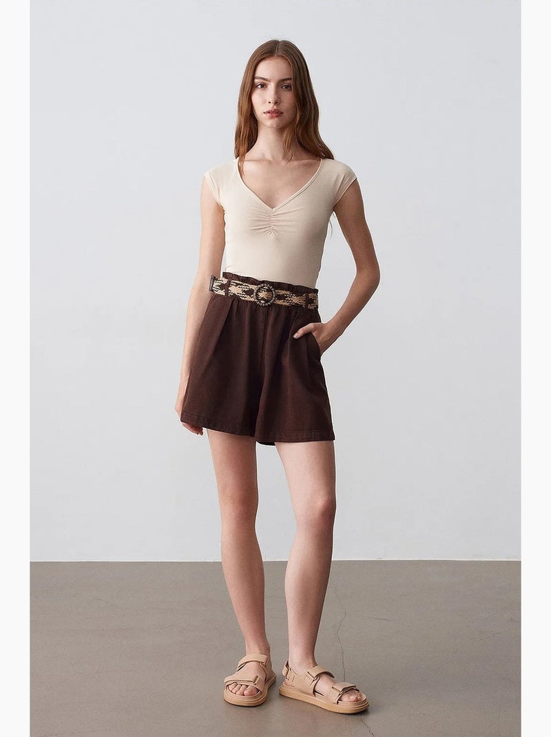 Shorts de popelina de cintura alta e perna larga com cinto dilvin Castanho - Kiabi