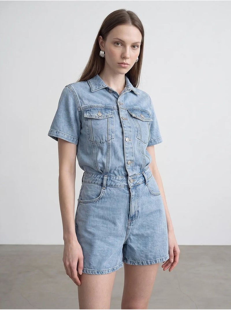 Shorts jardineira em denim com gola de camisa dilvin Azul claro - Kiabi
