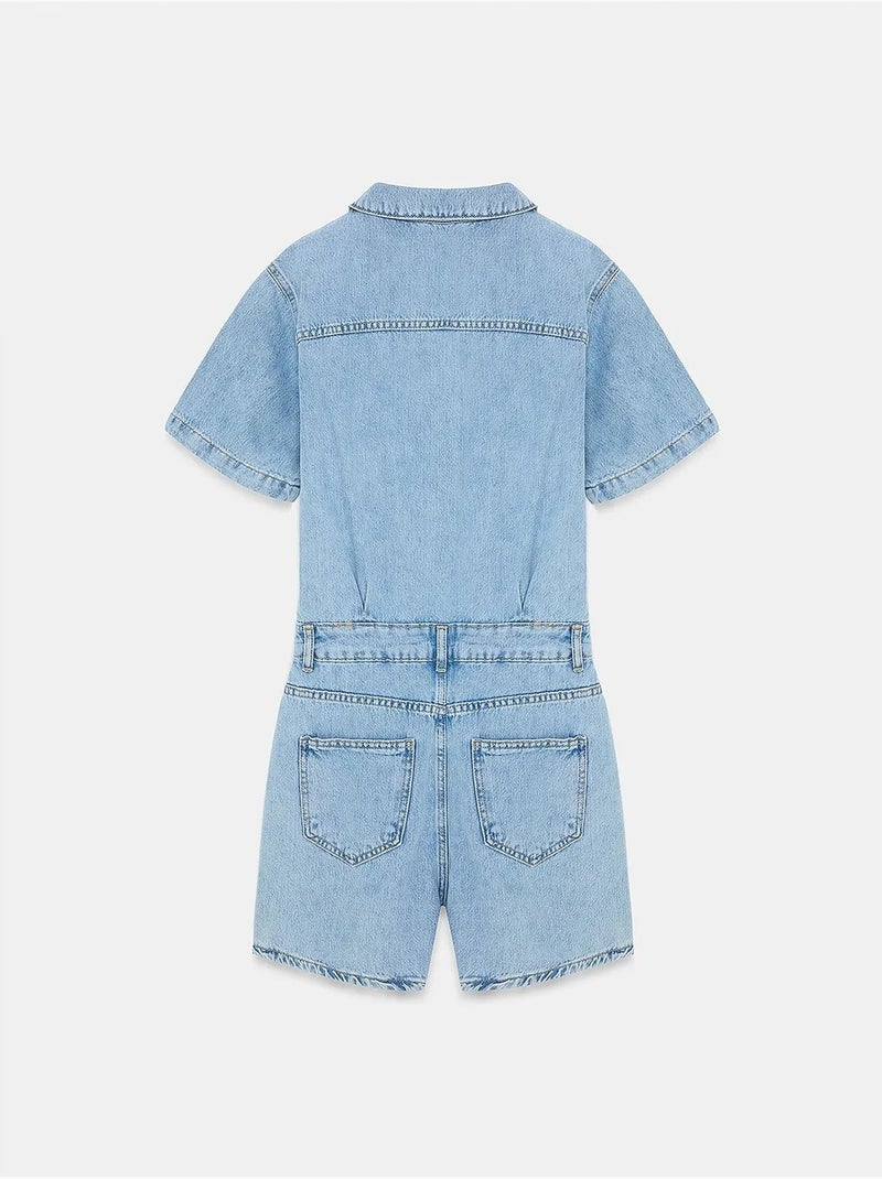 Shorts jardineira em denim com gola de camisa dilvin Azul claro - Kiabi
