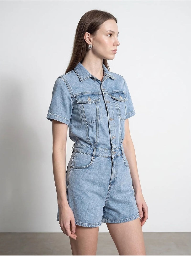 Shorts jardineira em denim com gola de camisa dilvin Azul claro - Kiabi