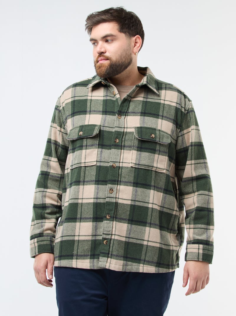 Sobrecamisa de flanela de algodão com padrão axadrezado Caqui - Kiabi